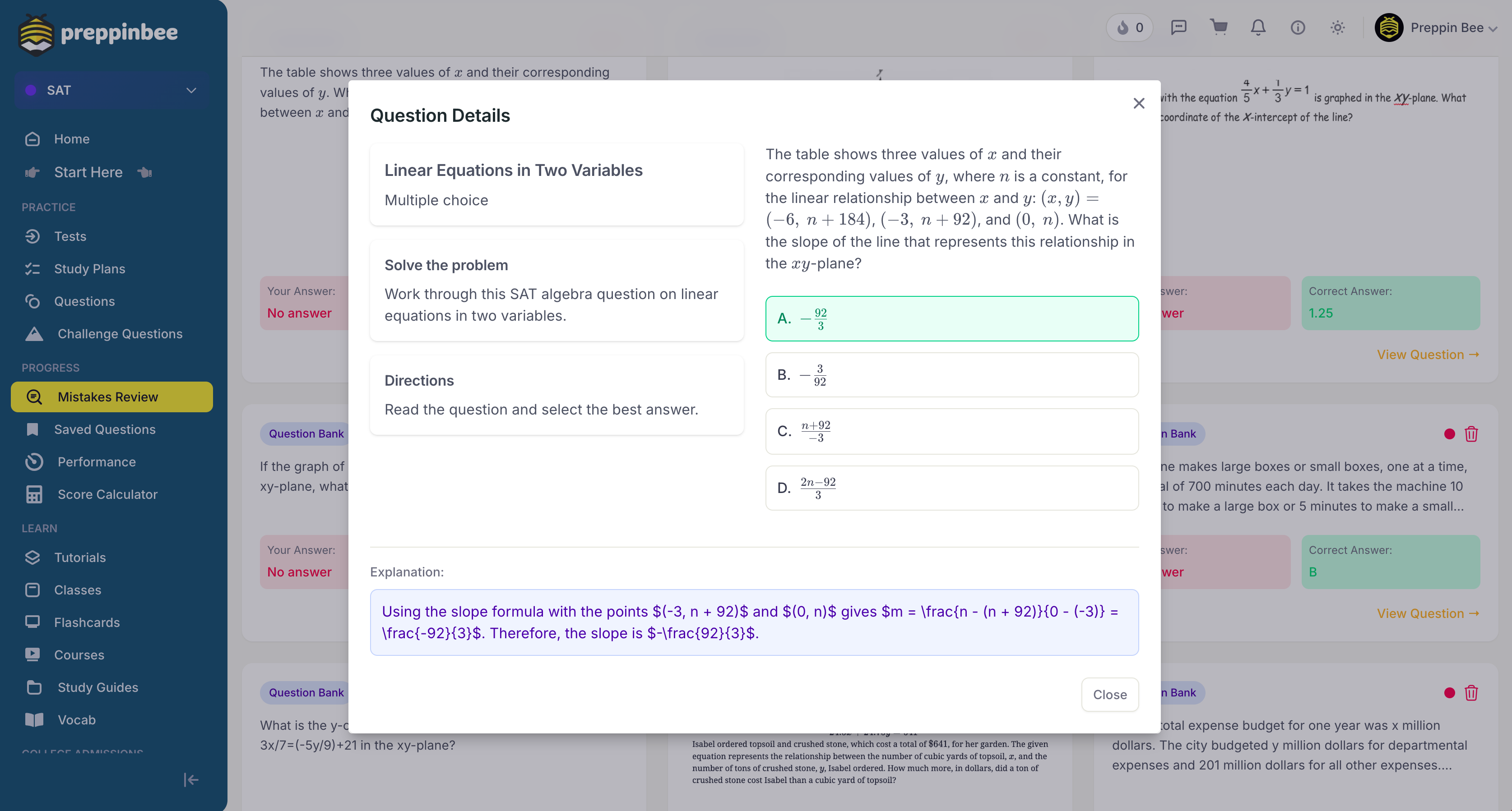 Preppinbee mistakes review showing question details and explanations