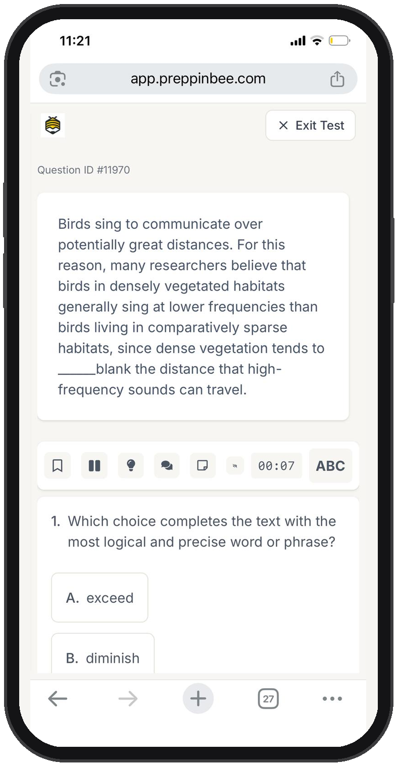 Preppinbee SAT practice test running in a mobile browser