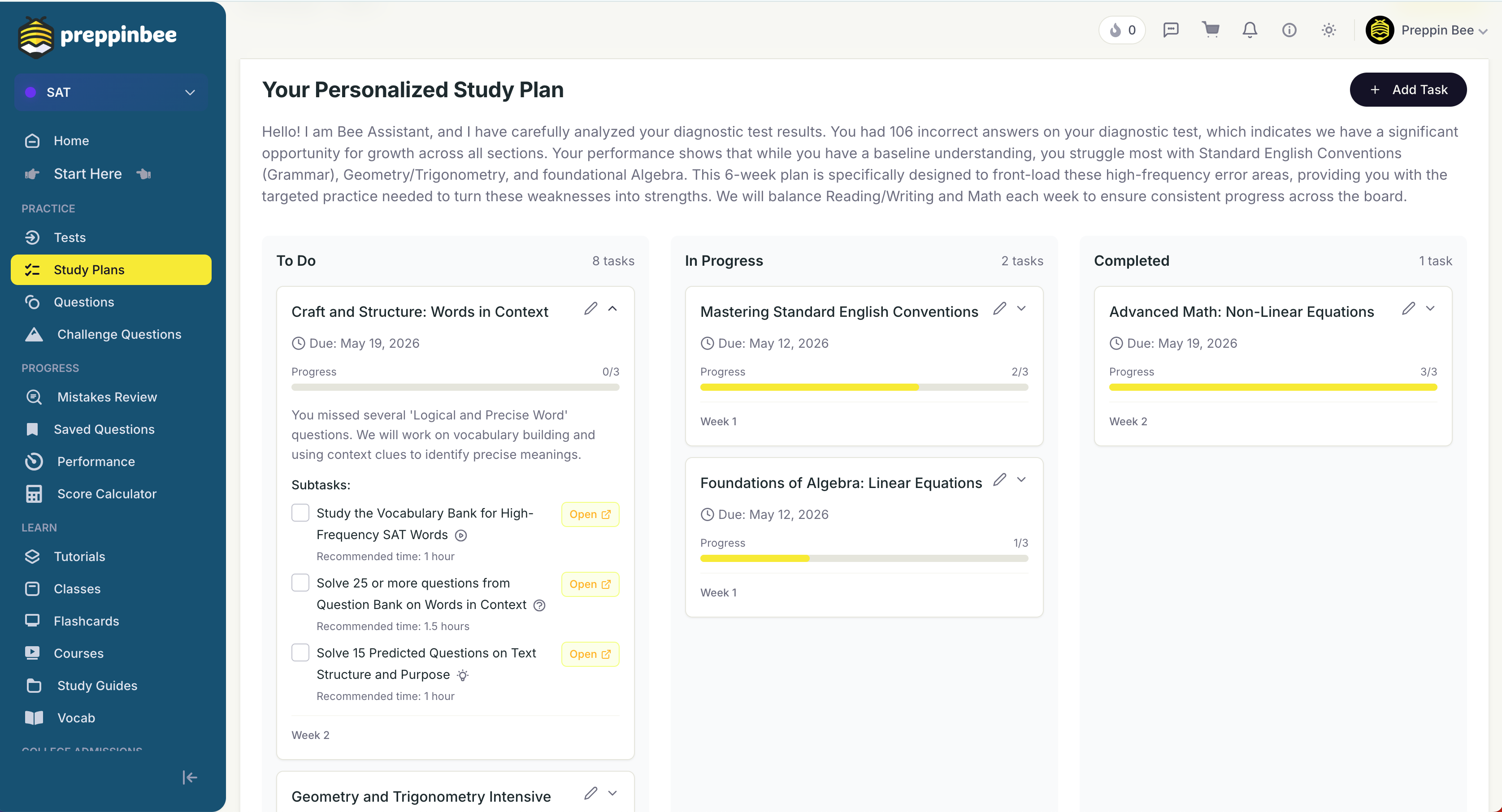 Preppinbee personalized study plan with weekly tasks